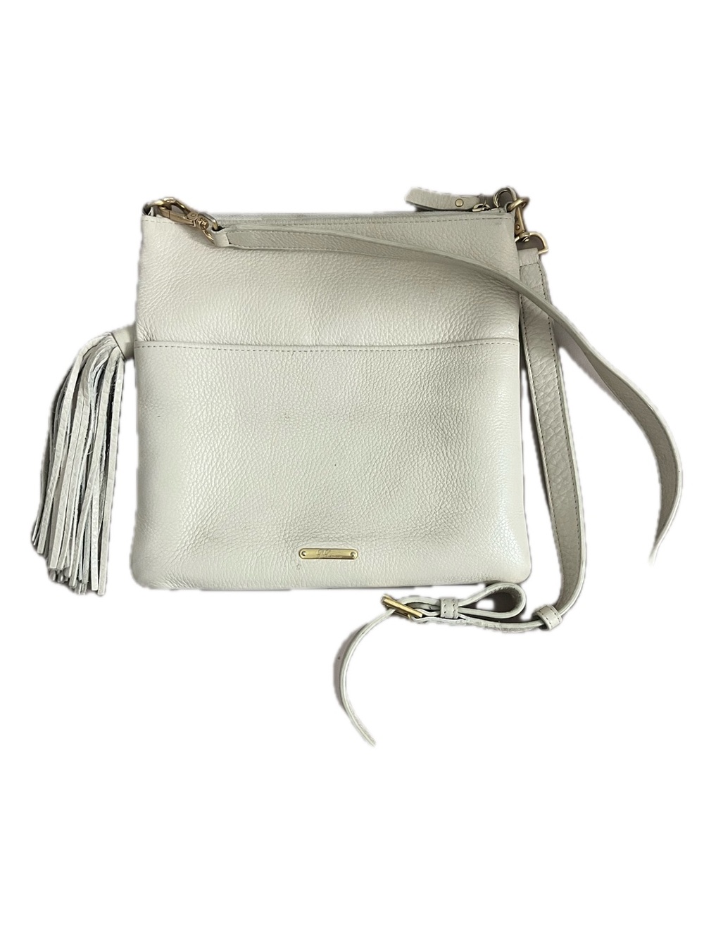 Gigi White Leather Crossbody Bag with Tassel outside pockets.
